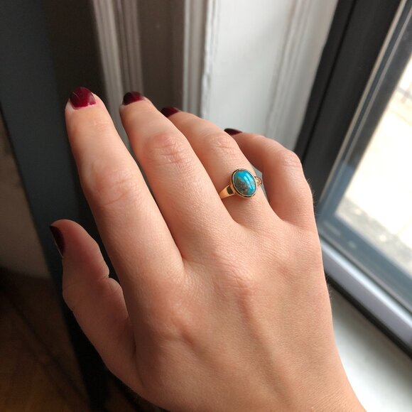 14k Yellow Gold Turquoise Cabochon Ring - Size 7 - Picture 3 of 6